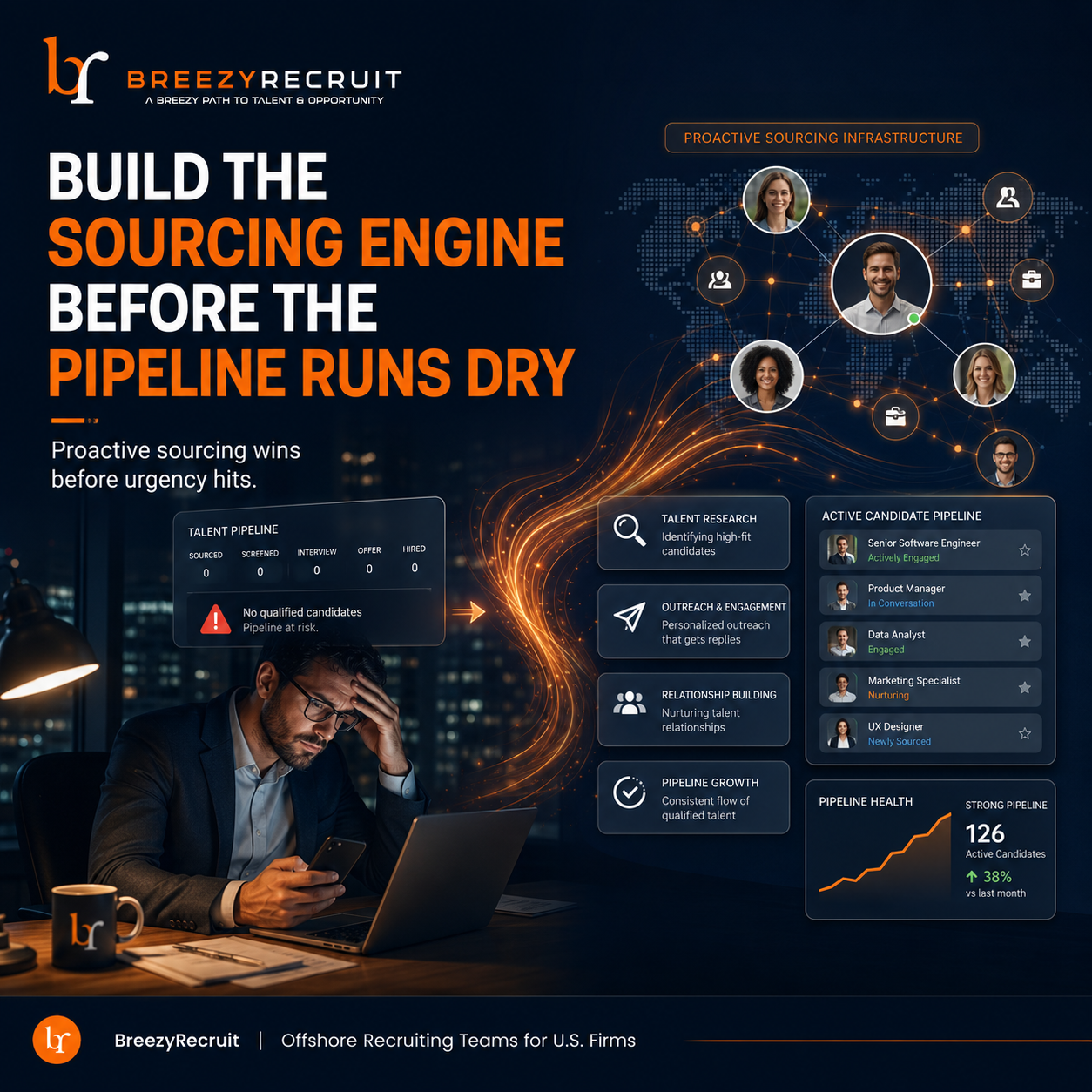 BreezyRecruit blog image showing a stressed hiring leader facing an empty candidate pipeline late at night, while a proactive sourcing engine builds a strong network of qualified candidates. The image represents recruitment pipeline building, offshore recruiting teams, proactive candidate sourcing, staffing firm growth, talent acquisition strategy, and sourcing infrastructure for U.S. staffing firms.