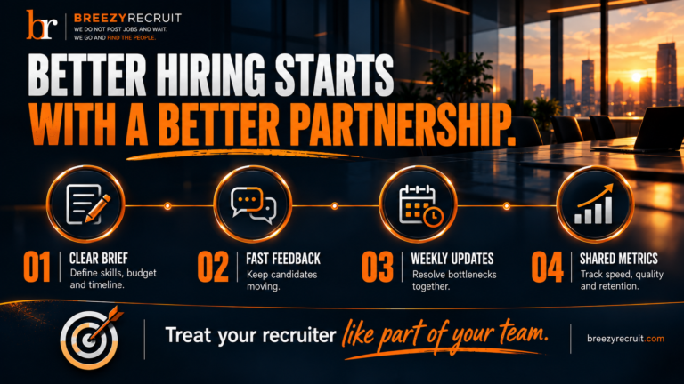 Staffing consultant and hiring manager reviewing candidates, with steps to define the role, align the process and measure results.